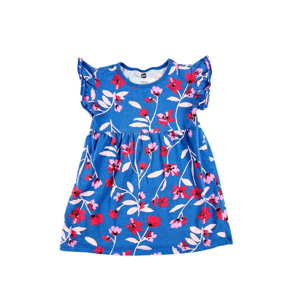 Tea Collection Floral Breeze Dress Blue Pink Tulip Sleeve Size 4